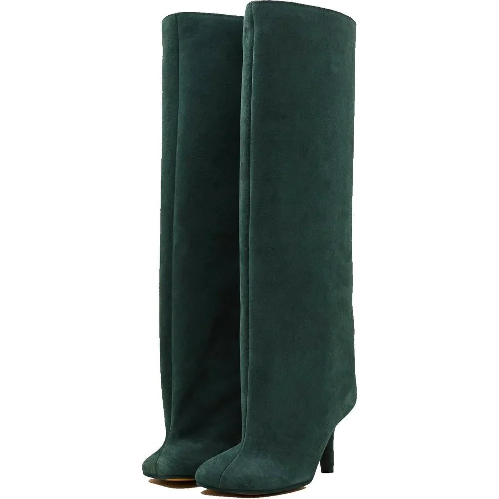 Women's Green Wide Calf Square Toe Stiletto Heels Knee High Suede Boots